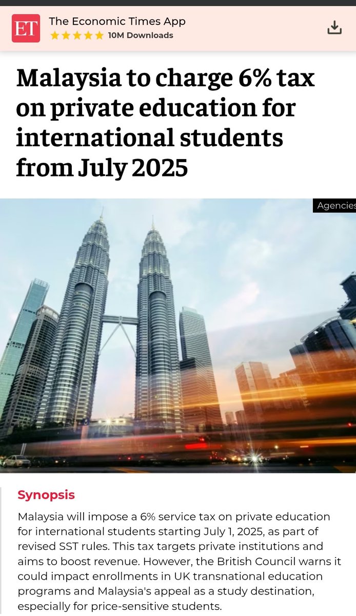 1 ޖުލައި 2025 އިން ފެށިގެން މެލޭޝިޔާ ސަރުކާރުން ކޮންމެ ބައިނަލްއަޤްވާމީ ދަރިވަރެއްގެ އަތުން %6 ގެ ޓެކުހެއް ނަގާނެއެވެ. އެޤައުމުގައި ދިވެހި ދަރިވަރުން އިންތިހާއަށް ކިޔަވަމުންދާއިރު، މަތީ ތަޢުލީމާބެހޭ ވުޒާރާއަށް އެކަން އެނގޭހެން ހިޔެއްނުވެއެވެ.