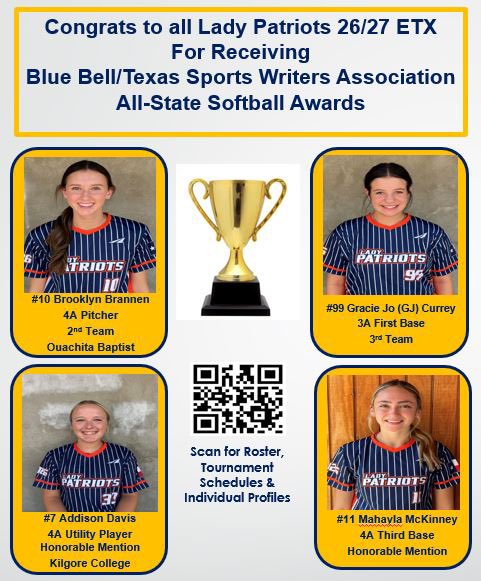 Lady Patriots 26/27 ETX 18U (@lp2526etx) on Twitter photo Congratulations to our girls receiving Blue Bell / Texas Sports Writers Association all state teams! <a href="/BrooklynBrannen/">Brooklyn Brannen 2026</a>, <a href="/GracieJo2026/">Gracie Jo Currey 2026</a>, Addy Davis and Mahayla McKinney. Congratulations to our girls receiving Blue Bell / Texas Sports Writers Association all state teams! <a href="/BrooklynBrannen/">Brooklyn Brannen 2026</a>, <a href="/GracieJo2026/">Gracie Jo Currey 2026</a>, Addy Davis and Mahayla McKinney.