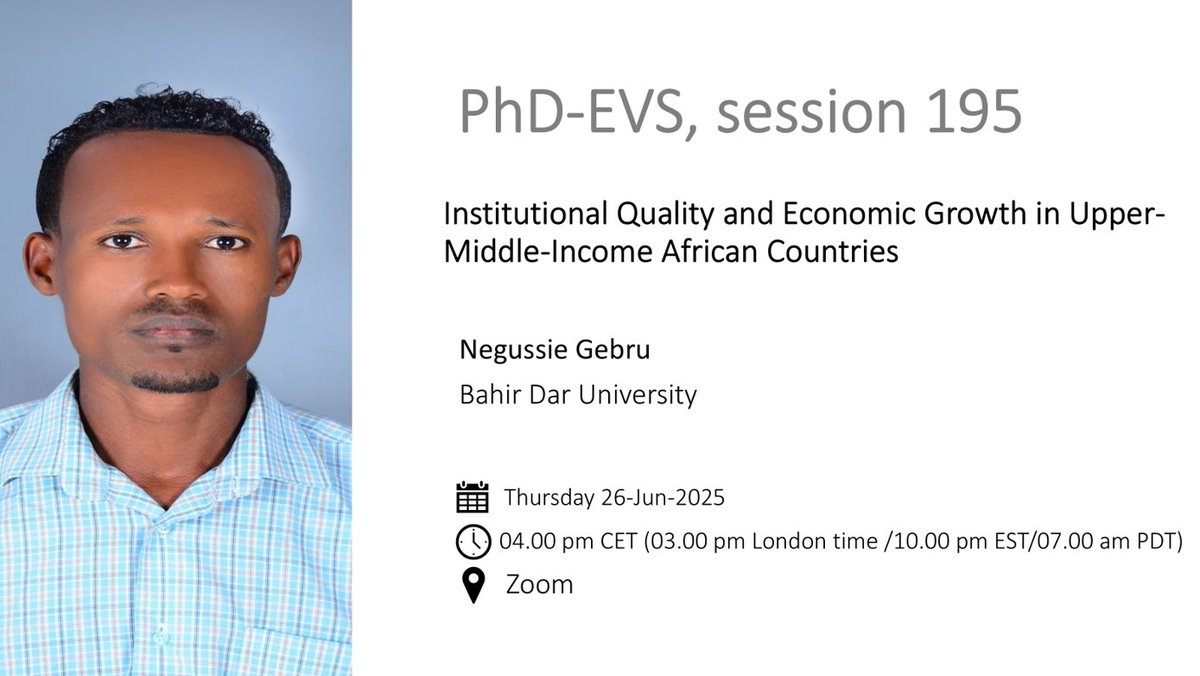Join us this Thursday (26 Jun), as Negussie Gebrue, from Bahir Dar University, will present his paper, "Institutional Quality and Economic Growth in Upper-Middle-Income African Countries"

Register: lnkd.in/dz_ByYGP

#InstitutionalQuality #EconomicGrowth