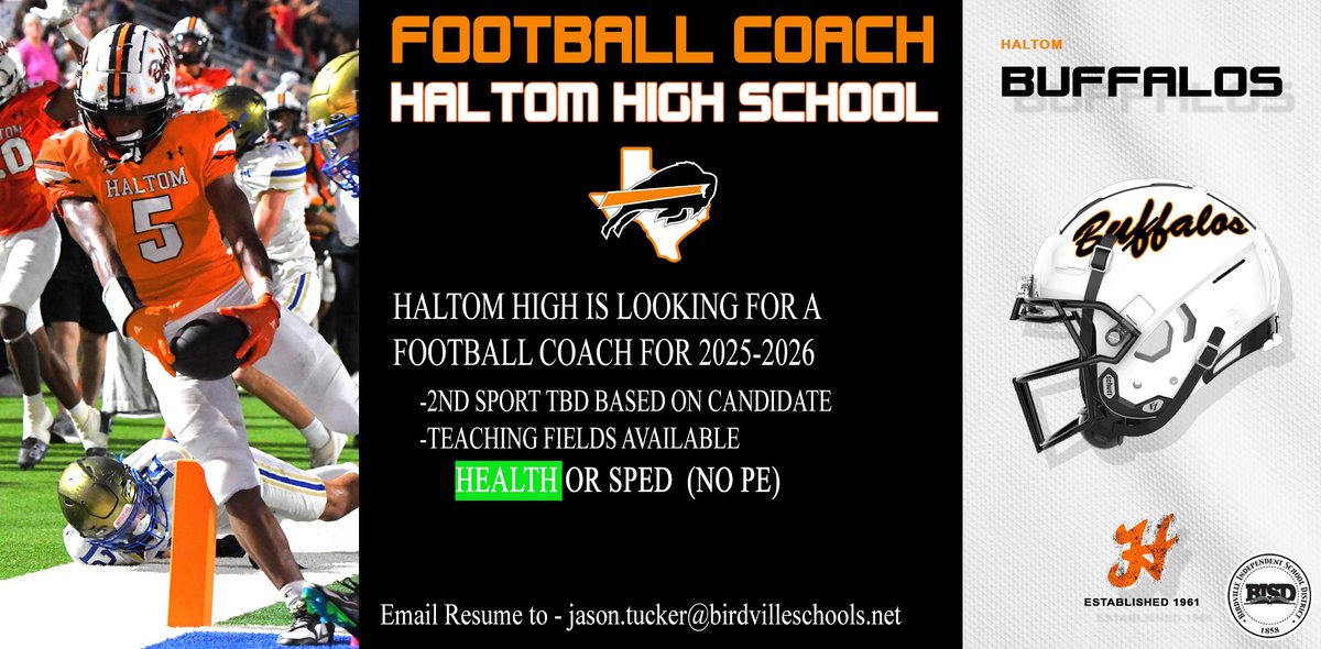Coach Tucker - Haltom (@coach_jwtucker) on Twitter photo Haltom High School has an assistant football coaching position open w/ 2nd Sport. Health or SPED are the available teaching fields.
Birdville ISD is a great place to work.
If interested, email a resume and cover letter to jason.tucker@birdvilleschools.net
<a href="/Matt_Stepp817/">Matt Stepp</a> Haltom High School has an assistant football coaching position open w/ 2nd Sport. Health or SPED are the available teaching fields.
Birdville ISD is a great place to work.
If interested, email a resume and cover letter to jason.tucker@birdvilleschools.net
<a href="/Matt_Stepp817/">Matt Stepp</a>