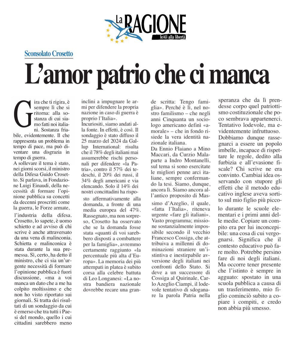 Andrea Cangini (@andrea_cangini) on Twitter photo Oibò, tra i cittadini di tutte le nazioni del mondo gli italiani sono i meno disponibili ad imbracciare le armi per difendere la Patria in caso di #guerra. Ma se si parla di famiglia…
Tema non nuovo, ma piuttosto attuale: ne ho scritto su <a href="/LaRagione_eu/">La Ragione</a> Oibò, tra i cittadini di tutte le nazioni del mondo gli italiani sono i meno disponibili ad imbracciare le armi per difendere la Patria in caso di #guerra. Ma se si parla di famiglia…
Tema non nuovo, ma piuttosto attuale: ne ho scritto su <a href="/LaRagione_eu/">La Ragione</a>
