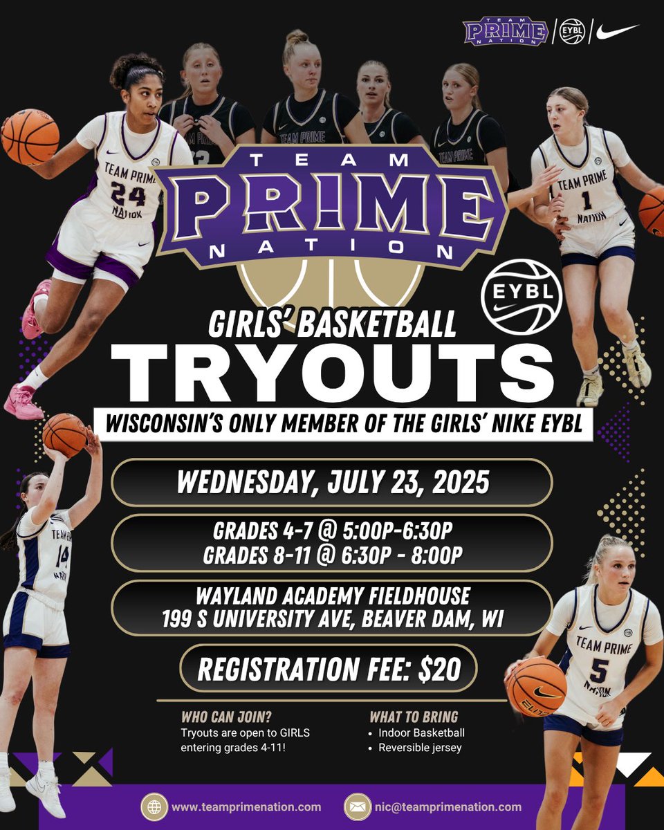 🚨TRYOUT REGISTRATION is LIVE🚨
🔗: app.jotform.com/251755093768166

📆 Wednesday July 23, 2025
📍 Wayland Academy Field House
🕔 Grades 4th-7th 5:00p-6:30p
🕡 Grades 8th-11th 6:30p-8:00p