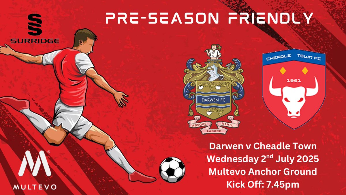 Darwen FC (@darwenfc) on Twitter photo β½ One Week to Go
Next Wednesday we start our Pre-Season with a home friendly against <a href="/CheadleTownFC/">Cheadle Town FC</a>
π« Β£3 Adults, Β£2 Concessions, Β£1 Kids
Support the Salmoners in the next stage of the Leighton Mills Revolution β #OneClub π΅π± β½ One Week to Go
Next Wednesday we start our Pre-Season with a home friendly against <a href="/CheadleTownFC/">Cheadle Town FC</a>
π« Β£3 Adults, Β£2 Concessions, Β£1 Kids
Support the Salmoners in the next stage of the Leighton Mills Revolution β #OneClub π΅π±