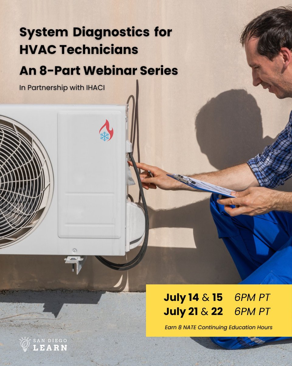 HVAC techs: Time to go beyond the basics. 💡

Our 8-part free webinar series teaches you how to diagnose, think critically, and deliver CA-compliant service like a pro.

📊 Data-driven
🧠 Root cause focused
🛠 Field-tested

Coming July. Register Now! ow.ly/lvzg50WgjVM