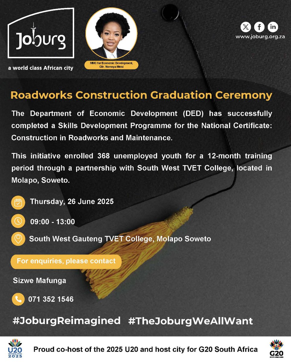 CityofJoburgZA's tweet image. Joburg is celebrating the graduation of 368 young people from the Roadworks Construction Skills Development Programme. Well done to all the graduates - your hard work will shape our city! #JoburgYouth #JoburgReimagined ^NJ