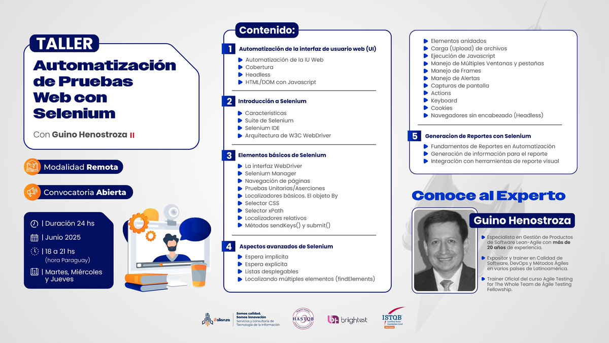 ITAlianzaPy's tweet photo. Conviértete en un experto con SEU Certified Selenium United!

Impartido por el experto Guino Henostroza 🇵🇪

✍🏻 Una vez finalizado el taller, los participantes estarán preparados para el examen de certificación “SeU – Certified Selenium Engineer“

📲 Más info: +595 984 175 112 https://t.co/0Z3Wejkffu