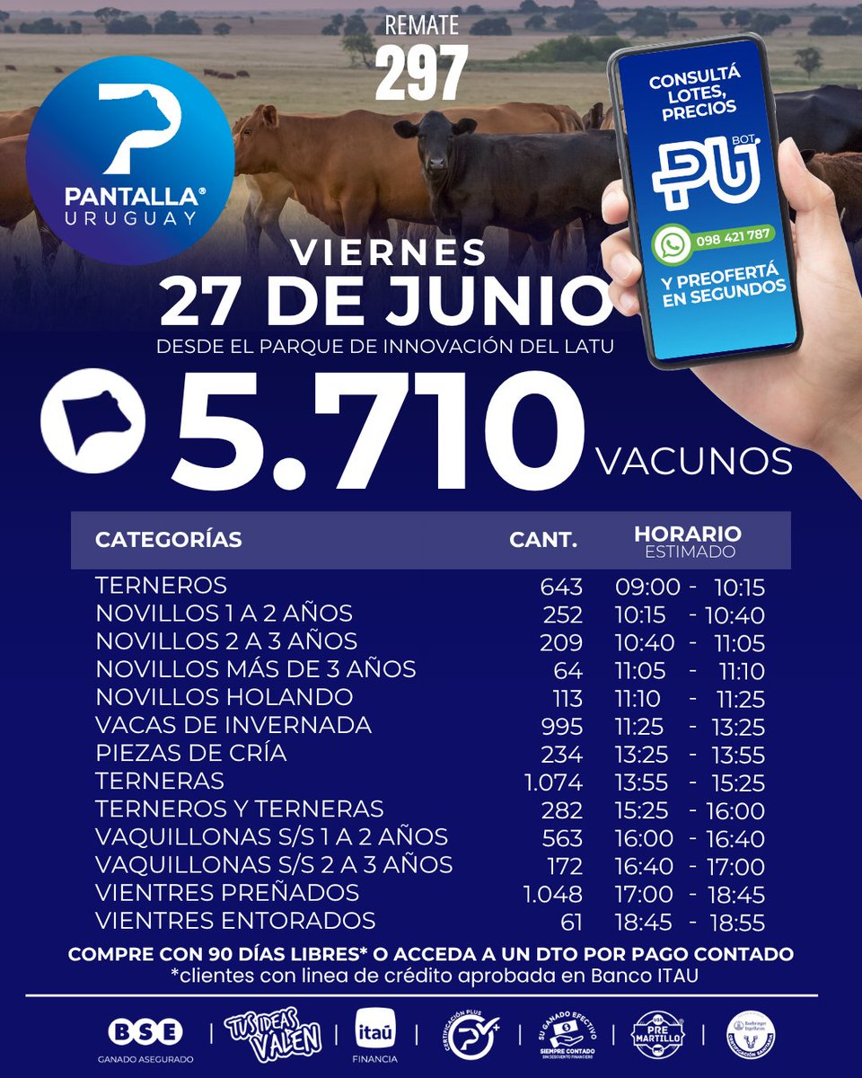 Este viernes 27 de junio, desde las 9h, llega el #remate297.  Compre a 90 días con previa autorización crediticia, o benefíciese de un importante dto. por pago contado. Ganado asegurado por <a href="/bseuruguay/">BSE</a> 
Terneros/as sellados con sanidad <a href="/BoehringerSA/">Boehringer Ingelheim</a>. Pantalla Uruguay,TODO GANADO!