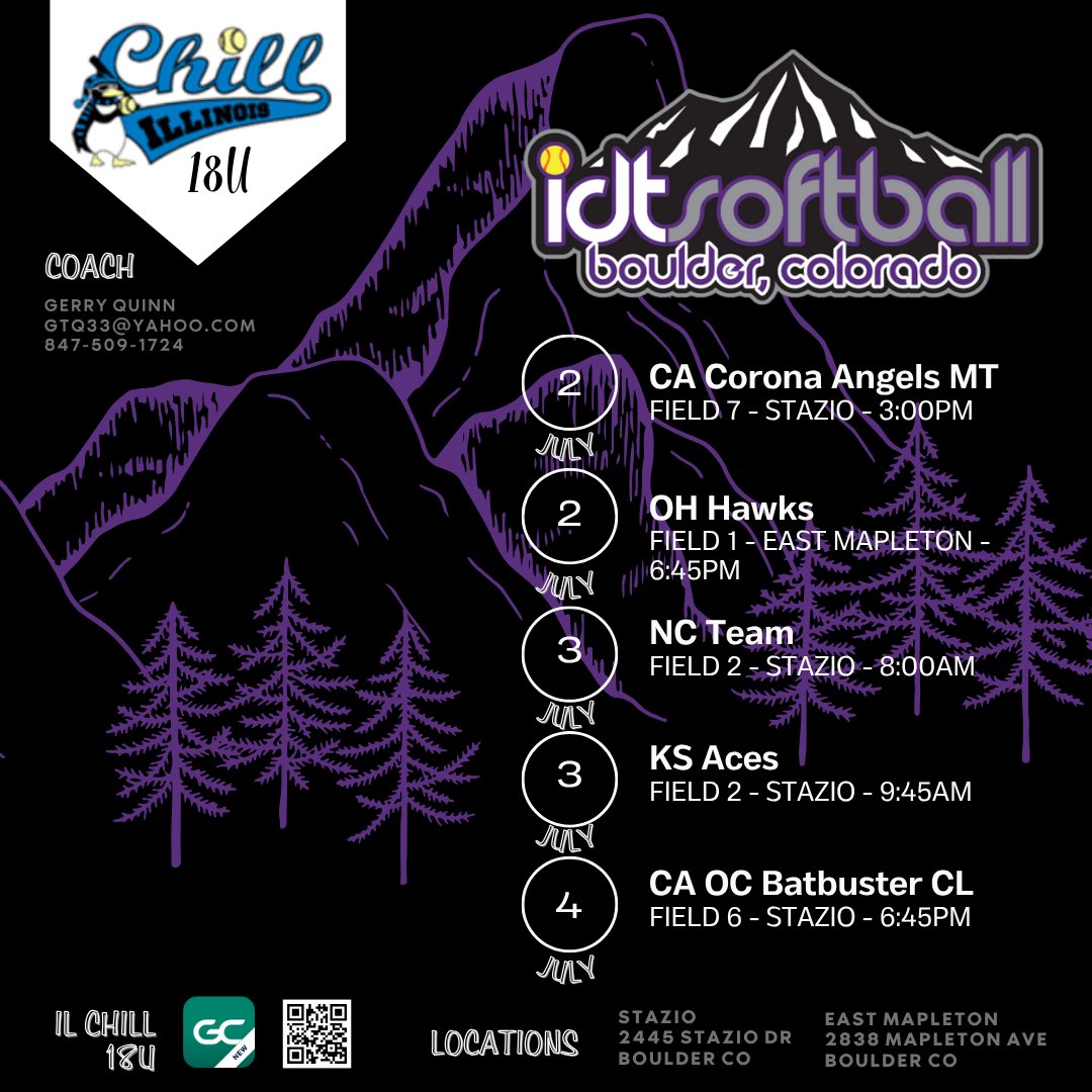 Here’s my schedule for CO. 
Monday June 30th Combined Workout with IMG &amp; IL Chill. 
IDT begins Wednesday July 2nd. See details below 👇🥎🏔️18U
