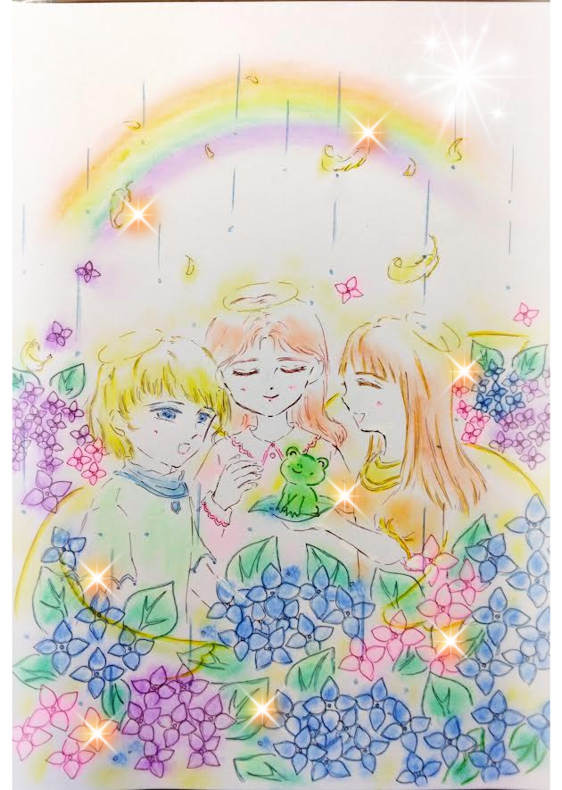 天国の花園は今
虹色の紫陽花が
キラキラと煌めいて
満開に咲き誇っています✨
天使の子どもたちは
「地上が光に包まれますように…」
祈りの歌を歌うのでした💫🌏
＃アジサイ　＃arigato地球
たま🍀