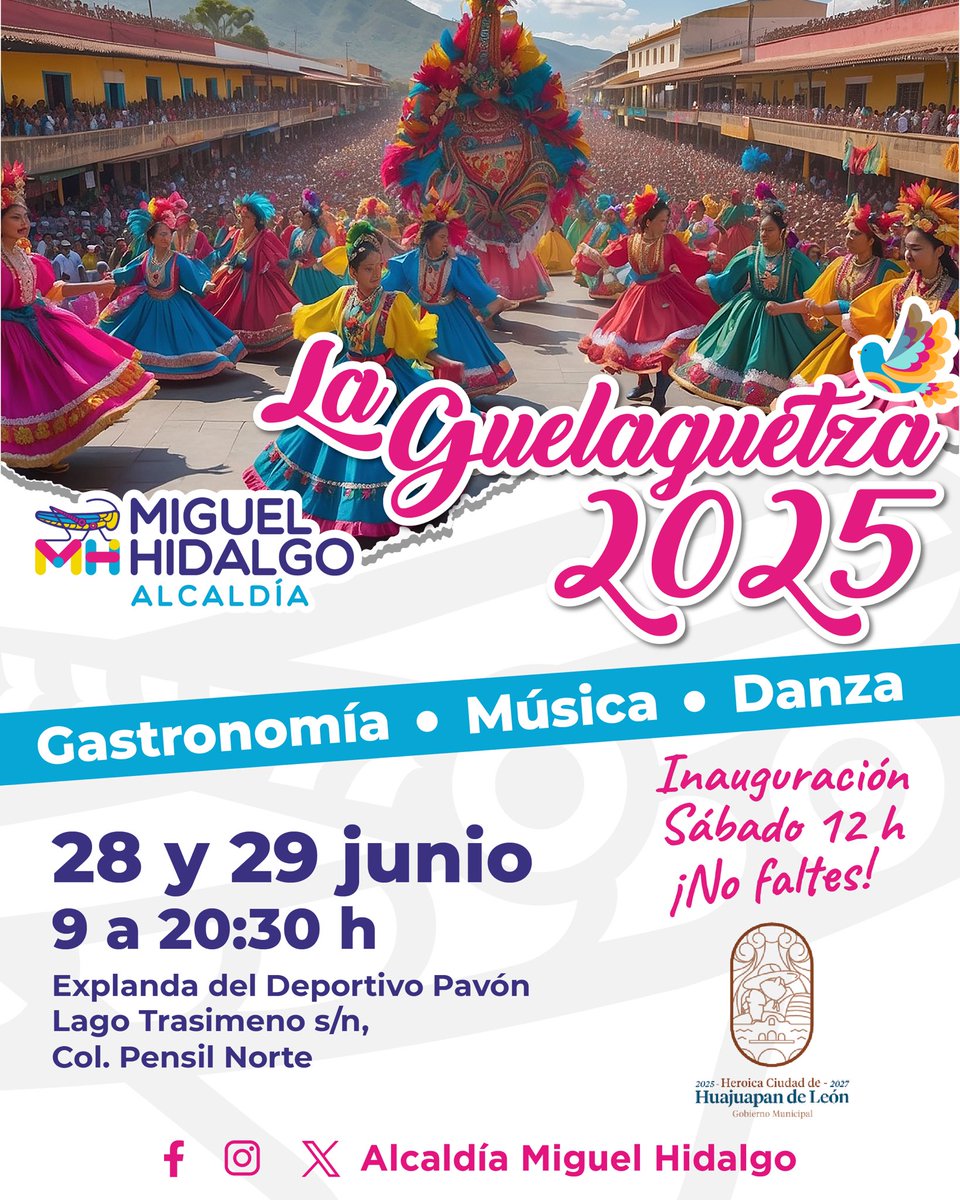 Miguel Hidalgo abre una ventana cultural a las tradiciones de nuestro país, porque llega al #EpicentroCultural🎭 de la ciudad, 'La Guelaguetza' a la explanada del Deportivo Pavón este 28 y 29 de junio con gastronomía, música, danza y mucho más, directamente desde Oaxaca para #MH.