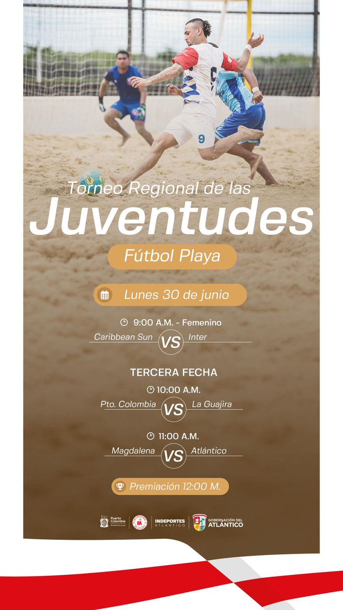 El fútbol playa se toma balneario de Puerto Colombia frente al Muelle 1888 este 29 y 30 de junio lachachara.org/el-futbol-play… <a href="/Gobatlantico/">Gobernación Atlántico</a> #1888