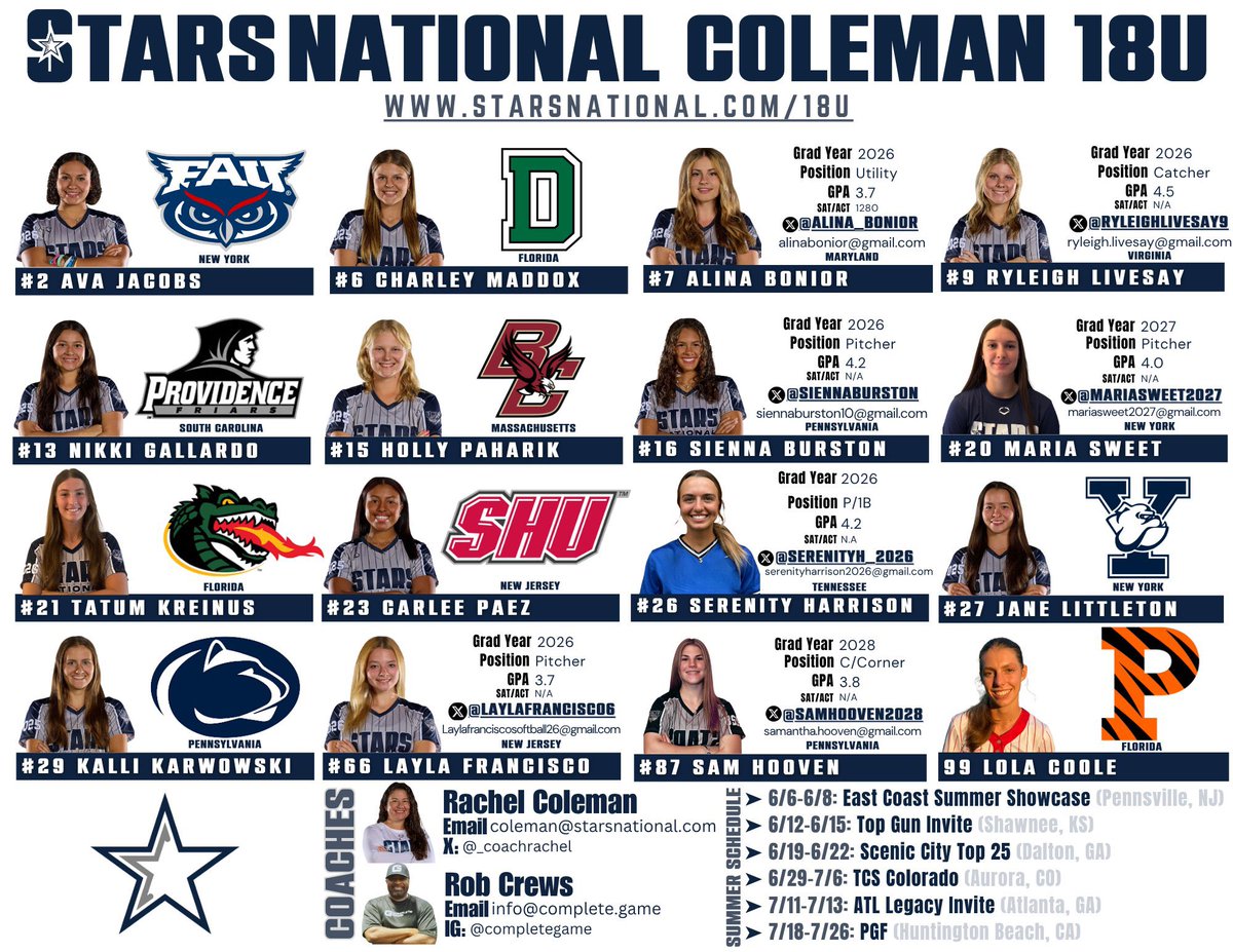 Ava Jacobs (@avajacobs_2026) on Twitter photo Can’t wait to be back with the team in CO‼️ 🛑 by and check out our team!
<a href="/FAUSoftball/">Florida Atlantic Softball</a> <a href="/CoachJordanSB/">Jordan Clark</a> <a href="/CoachPetikS/">Shelby Petik</a> <a href="/newmz4/">Nicole Newman</a> <a href="/CoachKatedL/">Kate de Leon</a>
@completegame @StarsNat18U
<a href="/starsnationalfp/">Stars Organization</a> <a href="/_coachrachel/">Rachel Coleman</a> <a href="/DDFastpitchPres/">Anthony J Falciglia</a> <a href="/ExtraInningSB/">EXTRA INNING SOFTBALL</a> <a href="/LegacyLegendsS1/">Legacy & Legends Softball</a> <a href="/DfwSho/">DFW Sho'Case</a> <a href="/scan1ansports/">ꜱᴄᴀɴʟᴀɴ ꜱᴘᴏʀᴛꜱ™️</a> <a href="/los_stuff/">Carlos Arias</a> Can’t wait to be back with the team in CO‼️ 🛑 by and check out our team!
<a href="/FAUSoftball/">Florida Atlantic Softball</a> <a href="/CoachJordanSB/">Jordan Clark</a> <a href="/CoachPetikS/">Shelby Petik</a> <a href="/newmz4/">Nicole Newman</a> <a href="/CoachKatedL/">Kate de Leon</a>
@completegame @StarsNat18U
<a href="/starsnationalfp/">Stars Organization</a> <a href="/_coachrachel/">Rachel Coleman</a> <a href="/DDFastpitchPres/">Anthony J Falciglia</a> <a href="/ExtraInningSB/">EXTRA INNING SOFTBALL</a> <a href="/LegacyLegendsS1/">Legacy & Legends Softball</a> <a href="/DfwSho/">DFW Sho'Case</a> <a href="/scan1ansports/">ꜱᴄᴀɴʟᴀɴ ꜱᴘᴏʀᴛꜱ™️</a> <a href="/los_stuff/">Carlos Arias</a>
