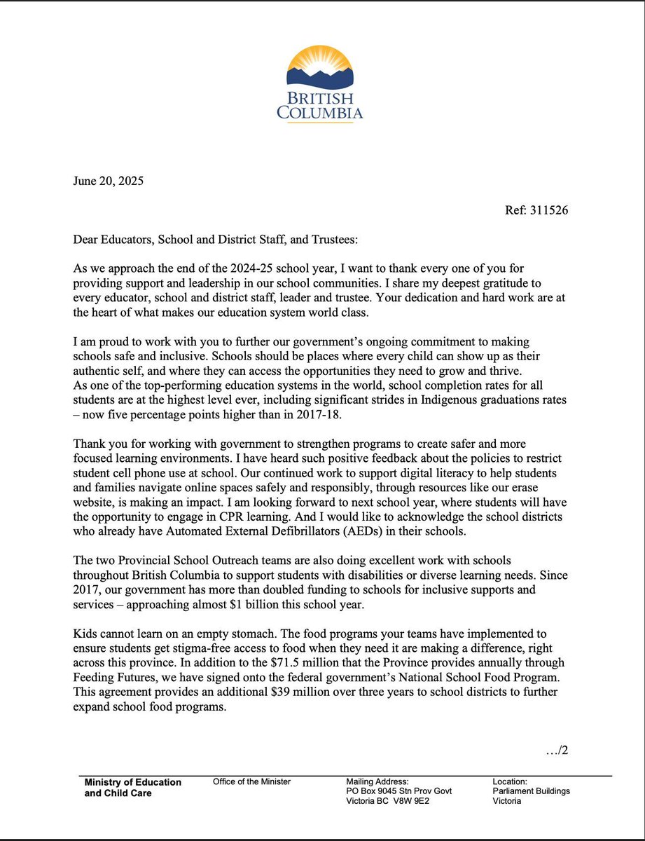 Deputy Minister's Bulletin  for June 24, 205 - Year End Letters  from minister Beare