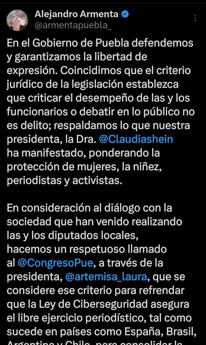 📢 En Puebla, la libertad de expresión se respeta y se garantiza.
Desde el Gobierno del Estado respaldamos lo expresado por la presidenta Claudia Sheinbaum:
🗣️ Criticar, debatir y opinar NO es delito.

🔐 En el marco de la Ley de Ciberseguridad, hacemos un llamado respetuoso al