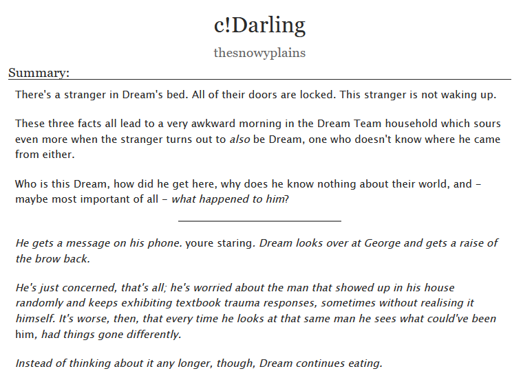 thesnowyplains's tweet photo. hey im back. anyone want some dreamcest?
c!Darling, aka: c!dream/cc!dream toxic yaoi. the second fic on ao3 for this ship!
of course, featurin art by the wonderful @alicexqii and @stickly_pi! #chbb
https://t.co/ENtfohPFOC https://t.co/sAwjp1odfK