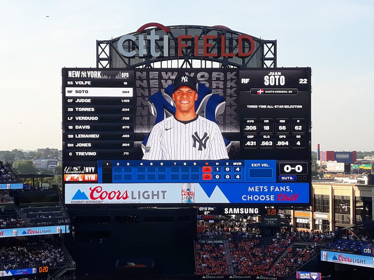 At-bat graphics of future Met Juan Soto, then with the Yankees, as shown on the mighty Citi Field scoreboard one year ago today (NYM v. NYY, 6/25/24).