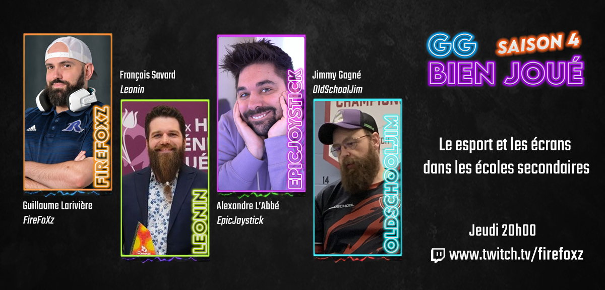 Notre dernier invité est un vétéran de la scène esport des écoles secondaires. Présent à la création de la <a href="/LSSEqc/">Ligue secondaire de sports électroniques</a>, enseignant d'anglais à l'École Secondaire Louis-Jacques-Casault en plus d'y être entraîneur et fondateur du programme esport, Jimmy Gagné sera des nôtres ce jeudi!