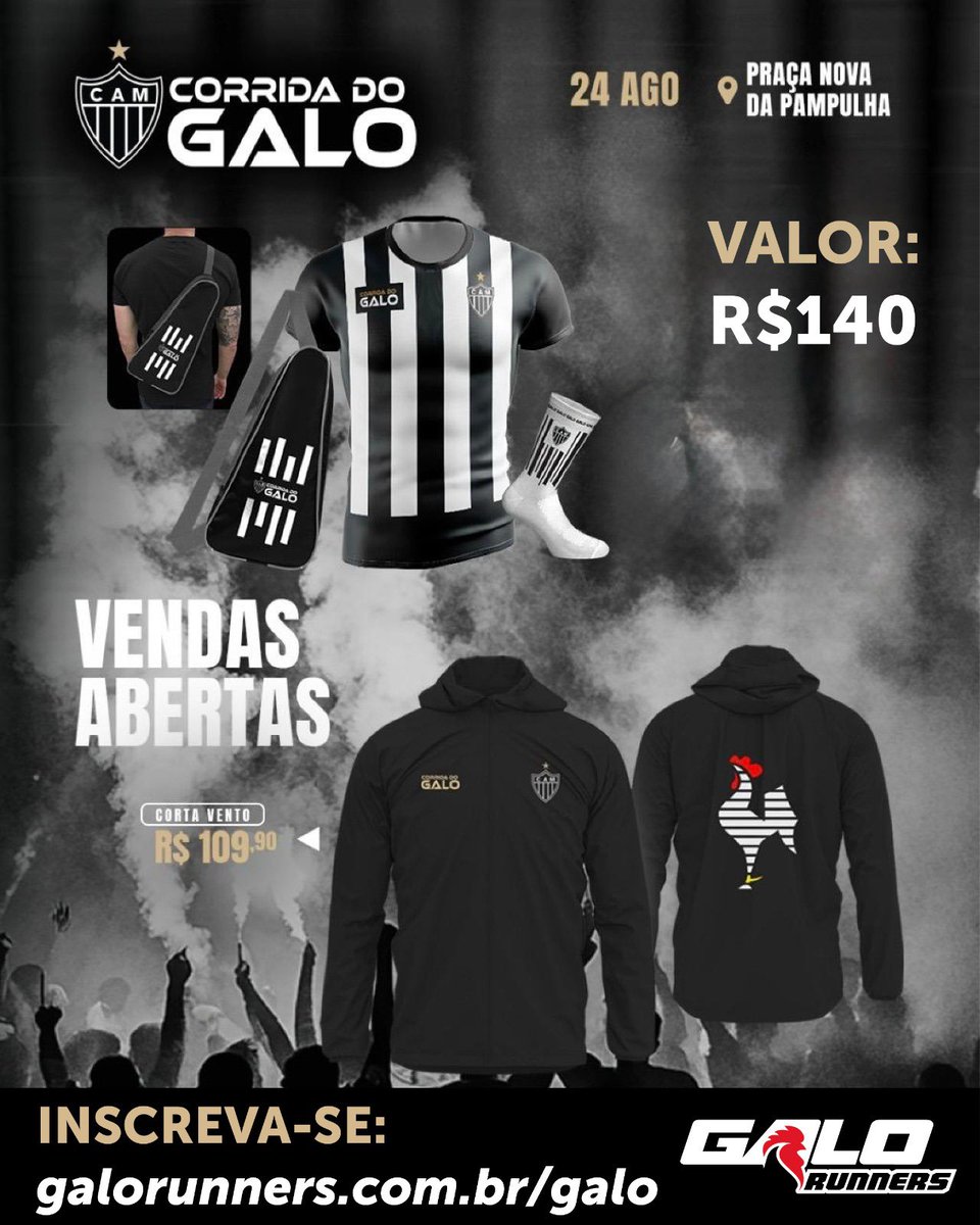 Vem aí a corrida mais esperada do ano: *Corrida do Galo-24/08*.

📆 *DATA*:  24/08
📍 *LOCAL*: Praça Nova da Pampulha

💰*VALOR*: R$140,00 (Kit básico)
R$249,90 (Kit com acréscimo do corta vento)

Acesse galorunners.com.br/galo e garanta sua inscrição!