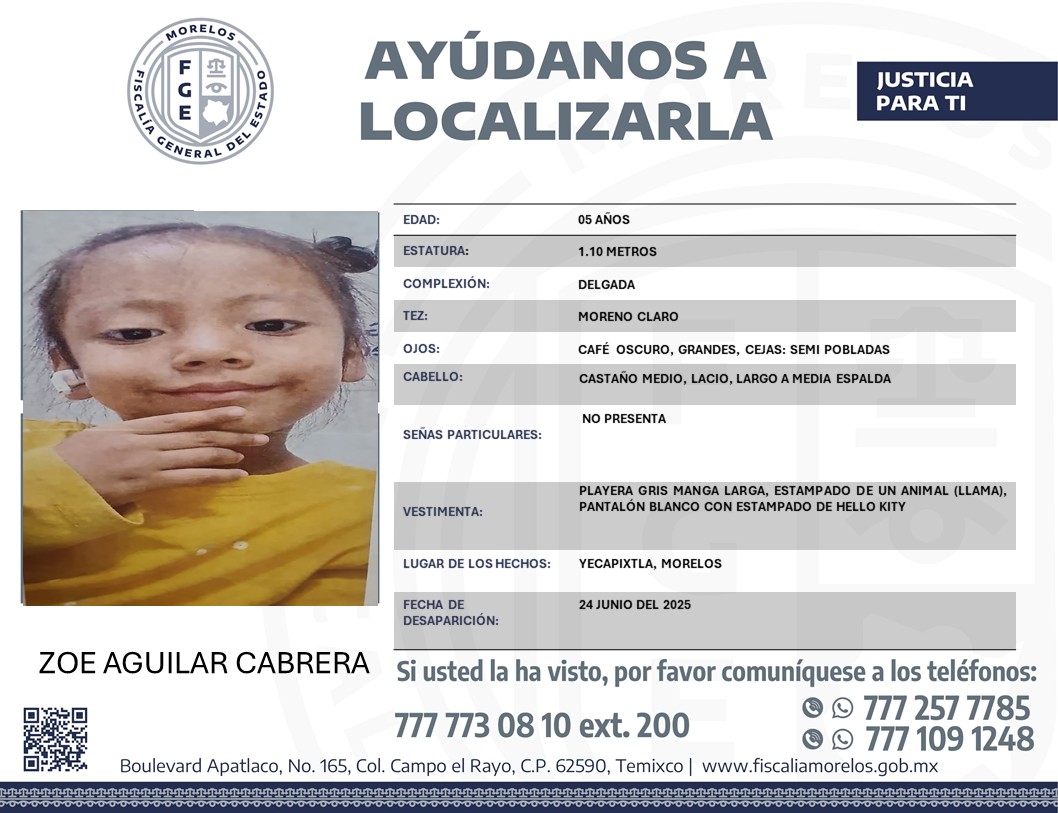 #SeBusca | Fiscalía Morelos solicita su colaboración para localizar a Zoe Aguilar Cabrera de 5 años de edad.