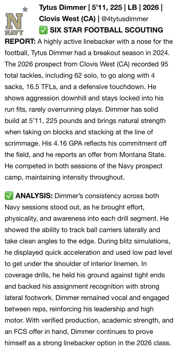 Big thanks to @SixStarFootball for the write-up! Competing at the Naval Academy was an unforgettable experience.