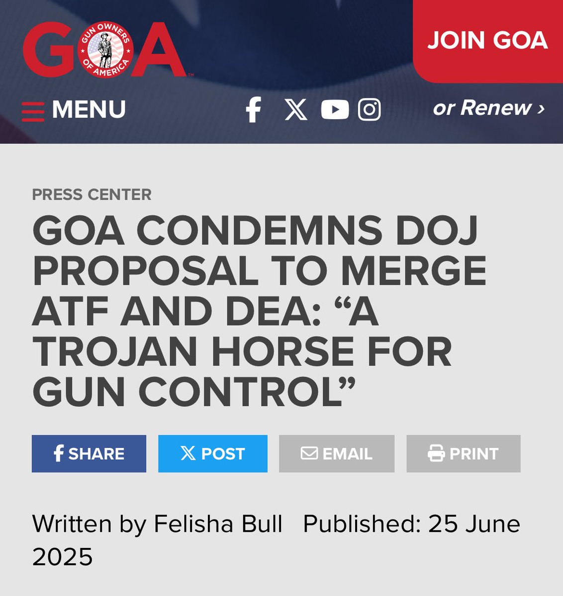 thereal_SnS's tweet photo. 2A UPDATE:  GOA formally condemns Bondi and the DOJ’s proposal to merge the ATF under the DEA.

“Merging the ATF with the DEA is a reckless move that will supercharge federal gun enforcement. It would hand a future, Democrat-led DOJ a green light to escalate surveillance, intimidation, and prosecutions of law-abiding citizens who simply wish to exercise their Second Amendment rights. GOF and GOA will oppose this merger at every turn.” 
-Sam Paredes
https://t.co/fQXUl9RNwG