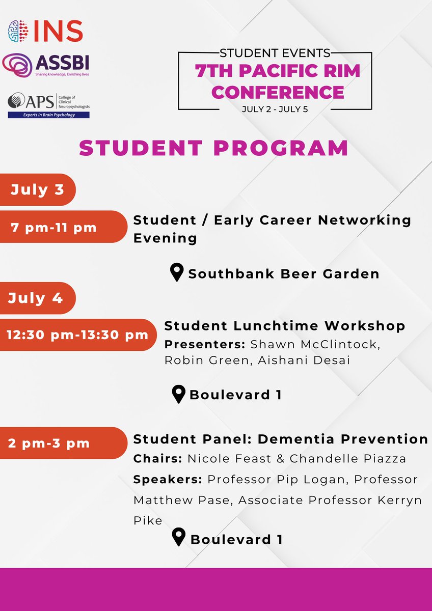 ASSBI1's tweet image. We have plenty of student-focused events happening next week at the 7th Pacific Rim Conference in Brisbane! There’s a great line-up — including our panel on dementia risk reduction — and if you are a student or trainee, we’d love for you to join us there!