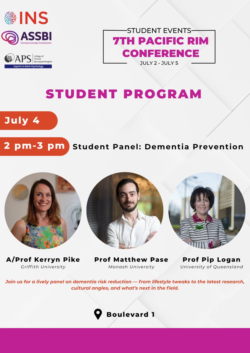 ASSBI1's tweet image. We have plenty of student-focused events happening next week at the 7th Pacific Rim Conference in Brisbane! There’s a great line-up — including our panel on dementia risk reduction — and if you are a student or trainee, we’d love for you to join us there!