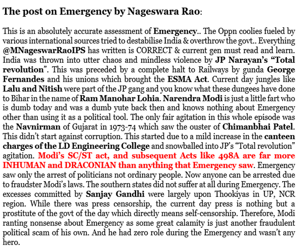 MediaCrooks (@mediacrooks) on Twitter photo This post by <a href="/MNageswarRaoIPS/">M. Nageswara Rao IPS (Retired)</a> on Emergency portrays history accurately & related events too. Modi is a fraudulent fart just misusing the Emergency for his continued political frauds as if he was some hero which he was not.. The new gen must read & learn.. x.com/MNageswarRaoIP… This post by <a href="/MNageswarRaoIPS/">M. Nageswara Rao IPS (Retired)</a> on Emergency portrays history accurately & related events too. Modi is a fraudulent fart just misusing the Emergency for his continued political frauds as if he was some hero which he was not.. The new gen must read & learn.. x.com/MNageswarRaoIP…
