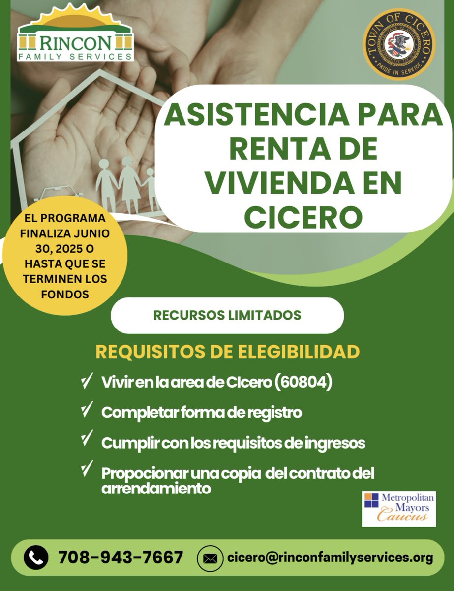 Need help with rent? 🏠

Rental Assistance Program is open now—limited funds available!
📅 Apply by June 30, 2025
📍 Must live in Cicero (60804)
📞 708-943-7667
📧 cicero@rinconfamilyservices.org

Apply ASAP—before funds run out!
#CiceroIL #RentalAssistance #HousingHelp