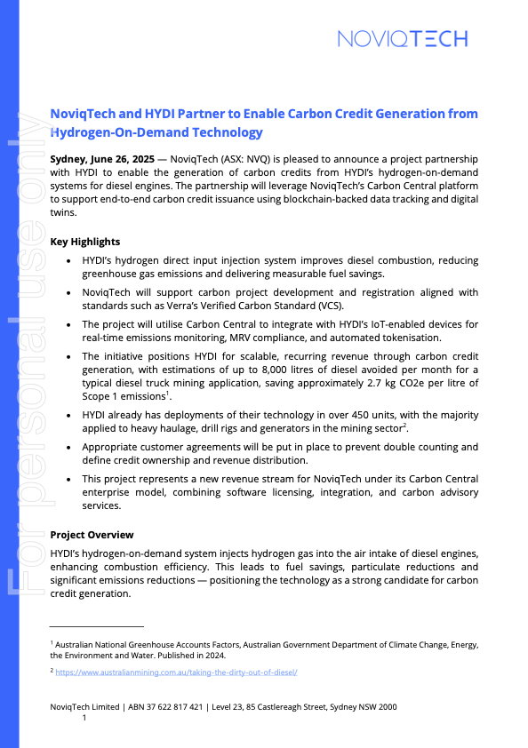 1/3:
🚨 New Project Partnership: NoviqTech x HYDI
We’re joining forces with HYDI to enable carbon credit generation from hydrogen-on-demand systems for diesel engines. Built on real data. Verified by @Hedera blockchain. Delivered through Carbon Central. Read the full announcement
