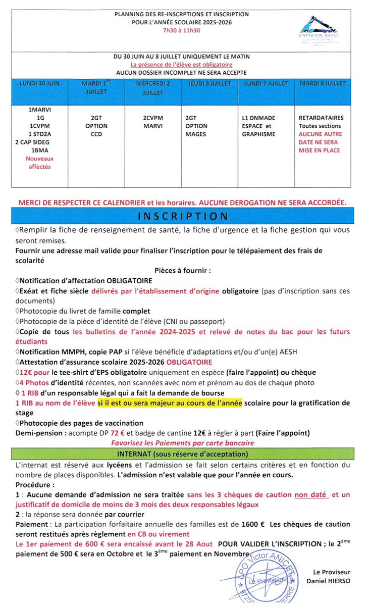 Planning des inscriptions au <a href="/lpovanicet/">Lycée Polyvalent Victor Anicet</a>