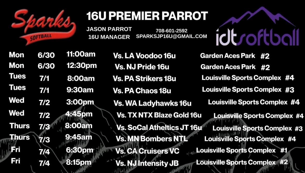 Colorado IDT Schedule! Hope to see you in Colorado! <a href="/Sparks16uJP/">Sparks16u JP</a>
<a href="/Utah_Softball/">Utah Softball</a> <a href="/MizzouSoftball/">Mizzou Softball</a> <a href="/GSAthletics_SB/">Georgia Southern Softball</a> <a href="/HuskerSoftball/">Nebraska Softball</a> <a href="/LouisvilleSB/">Louisville Softball</a>
<a href="/GoMocsSB/">Chattanooga Softball</a> <a href="/RaginCajunsSB/">Louisiana Ragin' Cajuns® Softball</a> 
<a href="/KUSoftball/">Kansas Softball</a> <a href="/IlliniSB/">Illinois Softball</a> <a href="/UNCSoftball/">Carolina Softball</a>