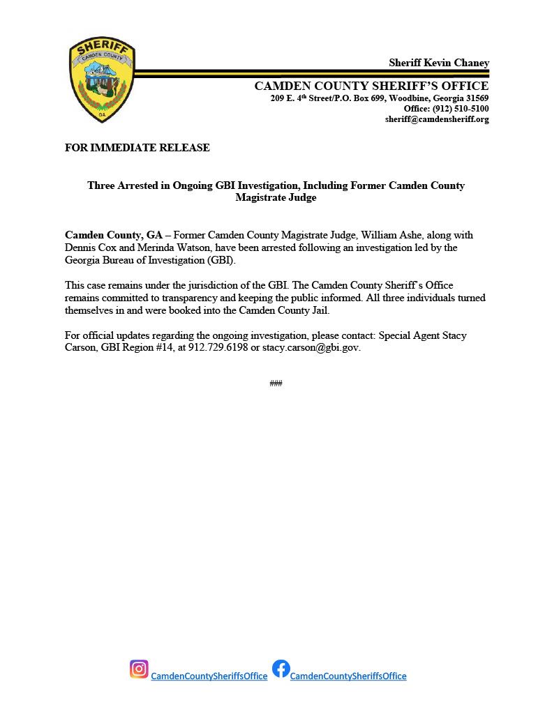 CamdenCoSheriff's tweet photo. Camden County, GA –Former Camden County Magistrate Judge, William Ashe, along with Dennis Cox and Merinda Watson, have been arrested following an investigation led by the Georgia Bureau of Investigation (GBI). https://t.co/7IZpGXUD8Z
