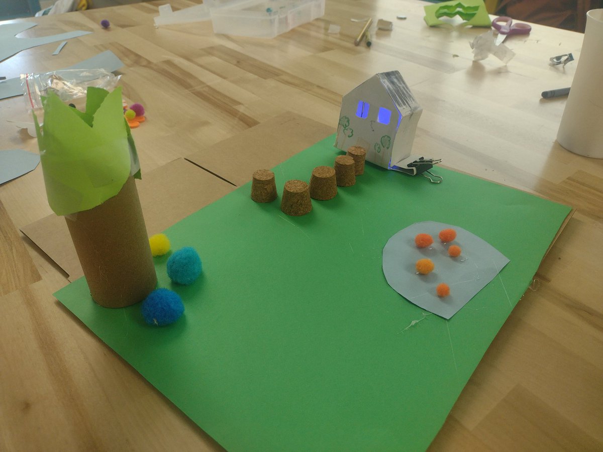 techiemarissa21's tweet photo. The light up storybook villages my circuit elective students created for Fantasy week turned out really cute. Some designs were still in progress when I snapped the pictures. #FantasyWeek #SummerCamp #STEAM #CircuitsGalore https://t.co/ttoEAR2R8i