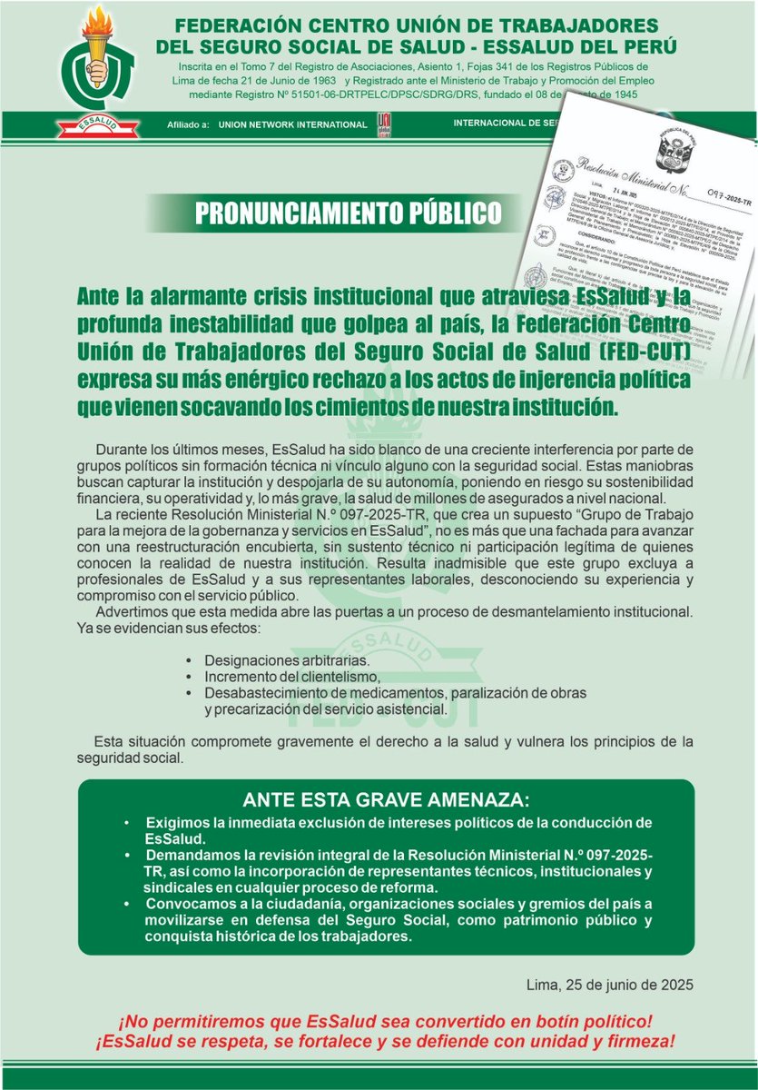 Wilfredo Ponce (@willy_poncec) on Twitter photo #La politización en <a href="/EsSaludPeru/">EsSalud Perú</a> pone en riesgo la gobernabilidad; <a href="/MTPE_Peru/">Ministerio de Trabajo y Promoción del Empleo</a> emite Resolución Ministerial 097-2025-TR no permite la participación de los trabajadores quienes conocemos la realidad institucional ¡ESSALUD NO SE VENDE SE DEFIENDE! #80AñosFEDCUT #La politización en <a href="/EsSaludPeru/">EsSalud Perú</a> pone en riesgo la gobernabilidad; <a href="/MTPE_Peru/">Ministerio de Trabajo y Promoción del Empleo</a> emite Resolución Ministerial 097-2025-TR no permite la participación de los trabajadores quienes conocemos la realidad institucional ¡ESSALUD NO SE VENDE SE DEFIENDE! #80AñosFEDCUT