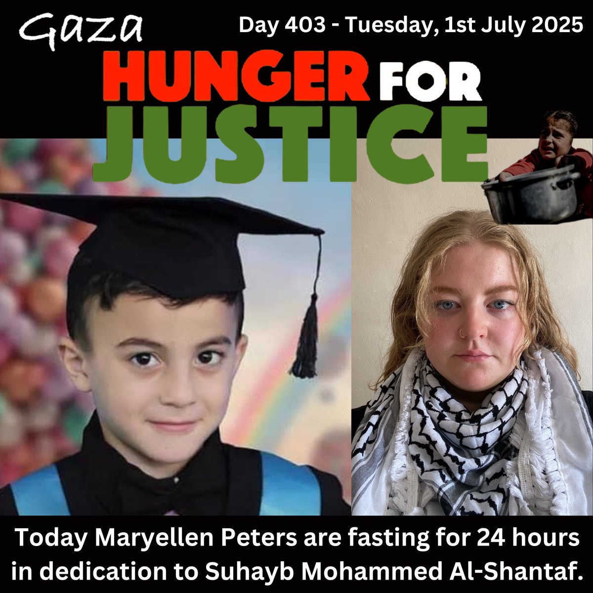 NenaghPalestine's tweet photo. #hunger4justice
Day 403: MaryEllen Peters (Tipperary)
Martyr: Suhayb Mohammed Al-Shantaf (https://t.co/TFM0OQB923)
MaryEllen dedicates to Suhayb Mohammed Al-Shantaf (8) who was murdered in an Israeli airstrike on his Gazan home over Christmas 2023
Join
https://t.co/V7VTiGXzhZ https://t.co/qSxvw4iJsn