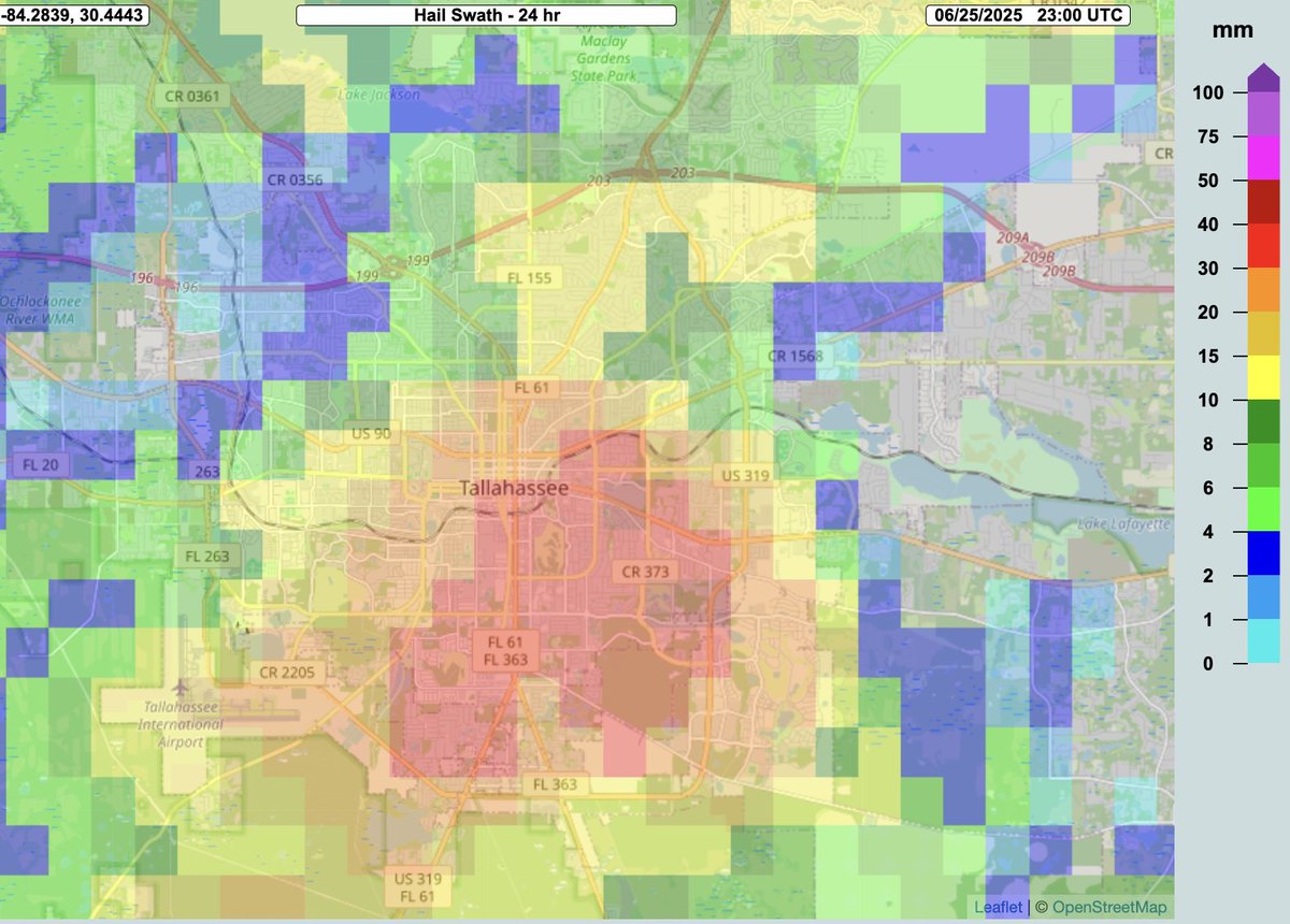 Widespread storm spotter reports of 0.75"+ hail across the #Tallahassee metro area this afternoon. 

NOAA's MRMS dataset shows an estimated broad swath of severe, 1-1.5" hail (reds/dark reds) as occurring across central, south, and southeastern sections of town.