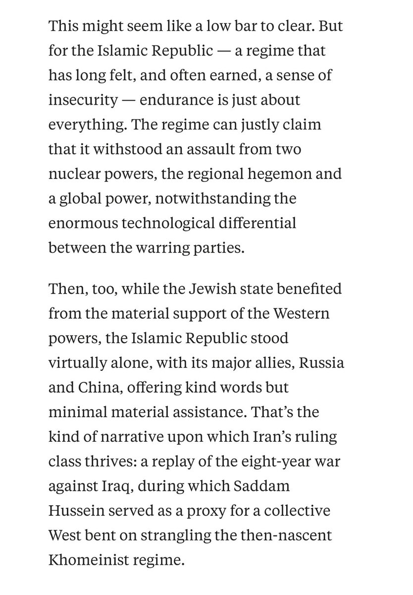 This is an especially salient point--one that a lot of the discourse is missing.

A war for survival in which Iran stood alone, in which the entire senior military leadership died--that's propaganda pay dirt for the IRI, the kind of narrative that hardliners will feed on.