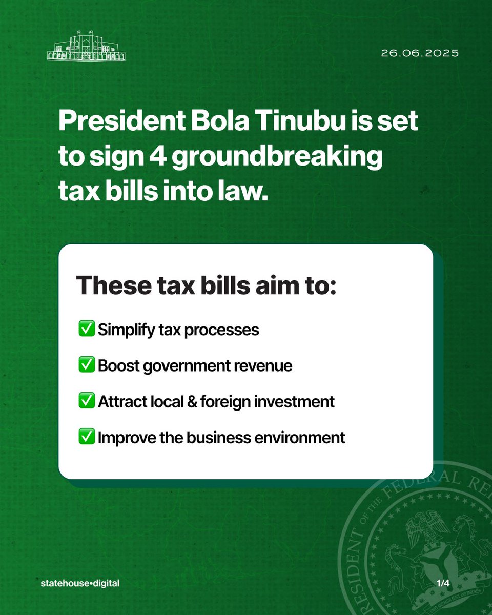 NGRPresident's tweet photo. President Tinubu Signs Four Major Tax Bills Into Law Today

Today marks a bold step forward in Nigeria’s economic reform agenda as President Bola Ahmed Tinubu officially signs four transformative tax bills into law. 

These new laws aim to simplify tax processes, boost revenue, attract investment, and enhance the ease of doing business across the nation.

From the Nigeria Tax Bill to the creation of a new Revenue Service and Joint Revenue Board, the reforms lay a solid foundation for a more transparent, efficient, and investor-friendly tax system.

A new chapter in Nigeria’s tax and revenue story begins. 🇳🇬

#TinubuTaxReforms