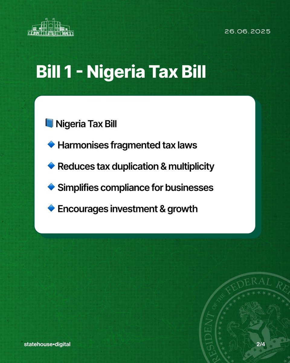 NGRPresident's tweet photo. President Tinubu Signs Four Major Tax Bills Into Law Today

Today marks a bold step forward in Nigeria’s economic reform agenda as President Bola Ahmed Tinubu officially signs four transformative tax bills into law. 

These new laws aim to simplify tax processes, boost revenue, attract investment, and enhance the ease of doing business across the nation.

From the Nigeria Tax Bill to the creation of a new Revenue Service and Joint Revenue Board, the reforms lay a solid foundation for a more transparent, efficient, and investor-friendly tax system.

A new chapter in Nigeria’s tax and revenue story begins. 🇳🇬

#TinubuTaxReforms