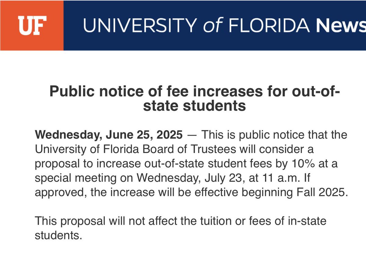 tbridis's tweet image. It’s getting more expensive for out-of-state students - who pay nearly $30,000 per year in tuition alone - to attend Florida’s flagship public university. About 11% of UF students are from outside Florida.