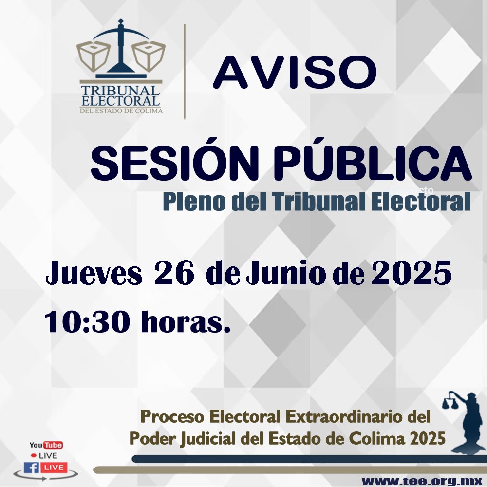 🔷 Síguenos en la transmisión #𝑬𝒏𝑽𝒊𝒗𝒐 de la ⚖️ sesión pública que celebrará el pleno del #TEE, el día  🗓️ 𝗝𝘂𝗲𝘃𝗲𝘀 𝟮𝟲 𝗱𝗲 𝗷𝘂𝗻𝗶𝗼 𝗱𝗲 𝟮𝟬𝟮𝟱, 𝟭𝟬:𝟯𝟬 𝐡𝐨𝐫𝐚𝐬, por medio de nuestras redes sociales. Facebook y YouTube.

tee.org.mx/data/AS_260620…