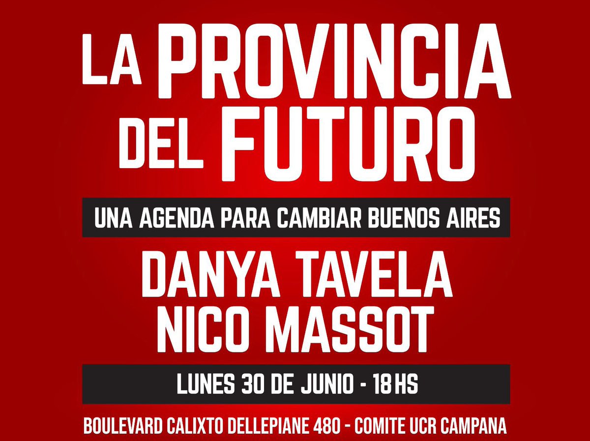 El lunes 30 de junio nos vemos en el Comité UCR Campana para debatir sobre el futuro de Buenos Aires junto a <a href="/danyatavela77/">Danya Tavela</a> y <a href="/Nicolas_Massot/">Nicolás Massot</a>.

📆 Lunes 30/06
⌚️ 18 horas
📍 Boulevard Calixto Dellepiane 480, Campana

¡Sumate a pensar una agenda para cambiar la provincia! 💪🏼