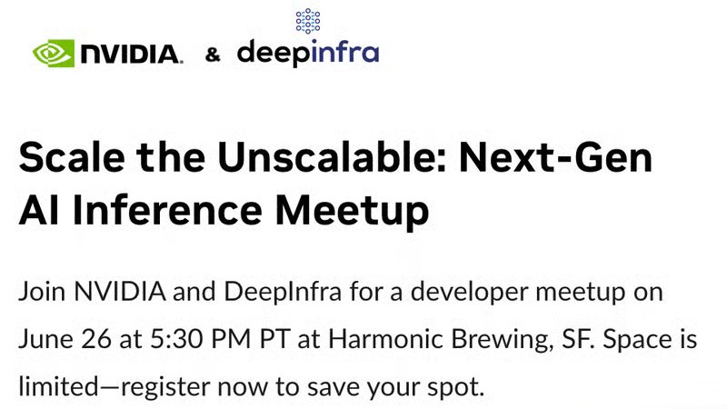 DeepInfra's tweet photo. Last chance to RSVP!
DeepInfra x NVIDIA AI Meetup is this Thursday in SF. Talks, beer, and a sharp crowd of devs building real-world infra.
Still a few spots left 
#AIInfra #LLMDev #NVIDIA #MeetupSF https://t.co/eh5I8JE2VM