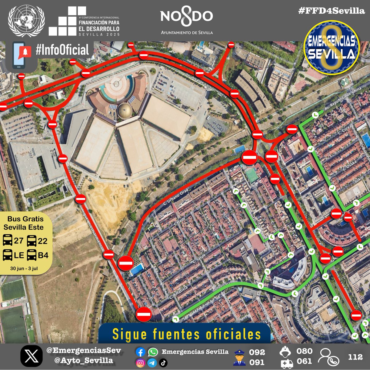🔴#InfoOficial #FFD4Sevilla #FFD4
Si vives en #SevillaEste presta atención a las restricciones de movilidad en el entorno de <a href="/fibesevilla/">Fibes Sevilla</a> para la próxima semana con ocasión de la 4ª Conferencia Internacional Financiación para el desarrollo. <a href="/ONU_es/">Naciones Unidas</a> 
Un importante dispositivo de