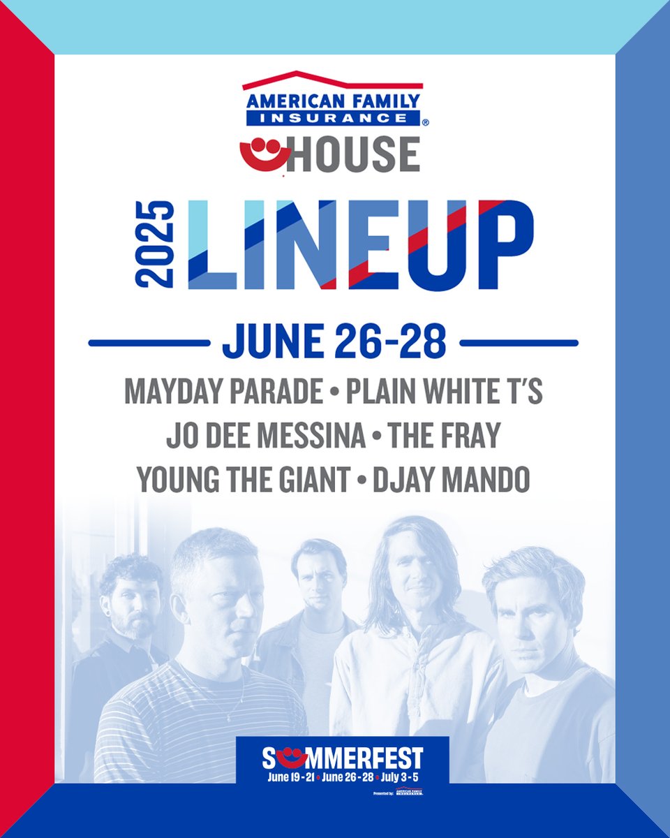 Milwaukee! 
Home of Miller Lite, music… and, for tomorrow, Mayday Parade. We have not one but *TWO* chances for you to see us at SummerFest! 

Catch us at 4pm on the American Family Insurance House stage and then at 10:15pm on the Miller Lite Oasis Stage. Cheers! 🍻🌴