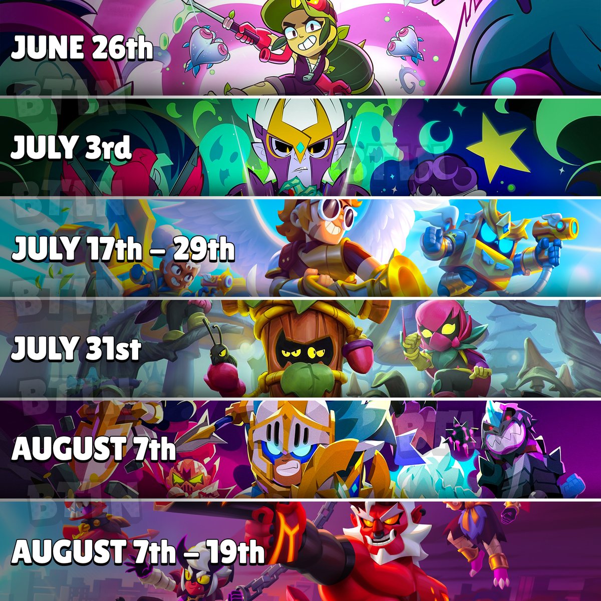 BrawlStarsBTLN's tweet photo. 📅 UPCOMING BRAWL STARS EVENTS & DATES 📅

- 🐊 ALLI'S EARLY ACCESS: JUNE 26th
- ⚔️ LEGENDS OF THE UNDERWORLD: JULY 3rd
- 👼 ANGELS EVENT: JULY 17th - 29th
- 🪵 TRUNK'S EARLY ACCESS: JULY 31st
- 🛡️ KNIGHTS OF THE STARR TABLE: AUGUST 7th
- 📺 DEMONS EVENT: AUGUST 7th - 19th

#BrawlStars #CrushTheKaiju