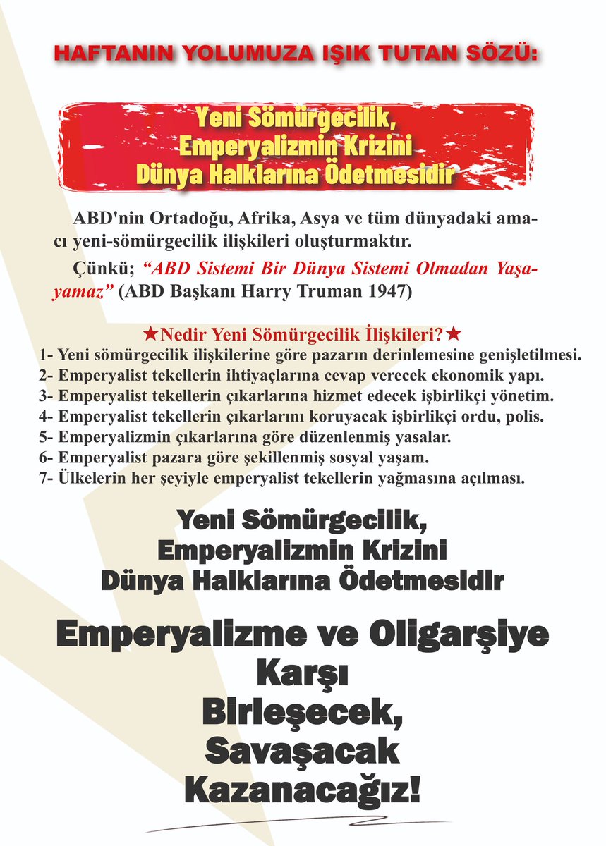 iscihareketi17's tweet image. Devrimci İşçi Hareketi:
Haftanın Yolumuza Işık Tutan Sözü:
Yeni Sömürgecilik, Emperyalizmin Krizini Dünya Halklarına Ödetmesidir
✭Nedir Yeni Sömürgecilik İlişkileri?✭
Emperyalizme ve Oligarşiye Karşı Birleşecek, Savaşacak ve Kazanacağız!
#İşçi #Adalet #Halk #Diren #İstanbul