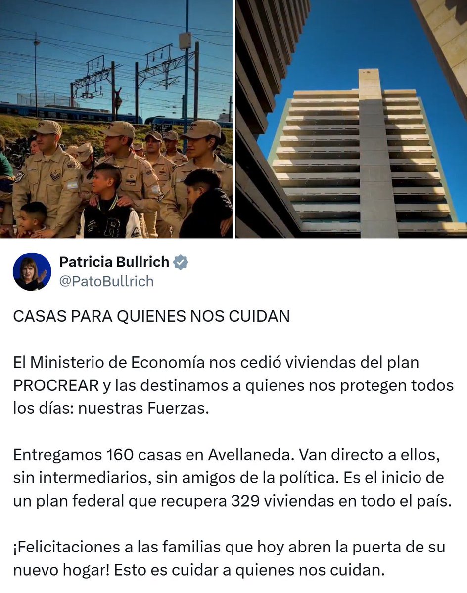 porquetendencia's tweet photo. "PROCREAR":
Porque Patricia Bullrich anunció la entrega de viviendas de ese plan a miembros de las Fuerzas Federales https://t.co/aHF3kTw0qA
