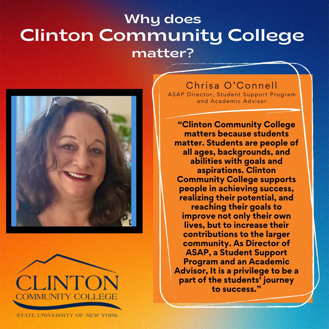 Why does Clinton Community College matter to Chrisa O'Connell? 🏫
🔸 Clinton Community College matters because students matter
🔸 Helps students succeed, realize their potential, and reach their goal
#WhyCCCMatters